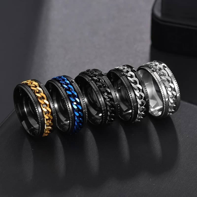 Anel de dedo girador de corrente de aço inoxidável de titânio anel dedo para homens ouro preto punk