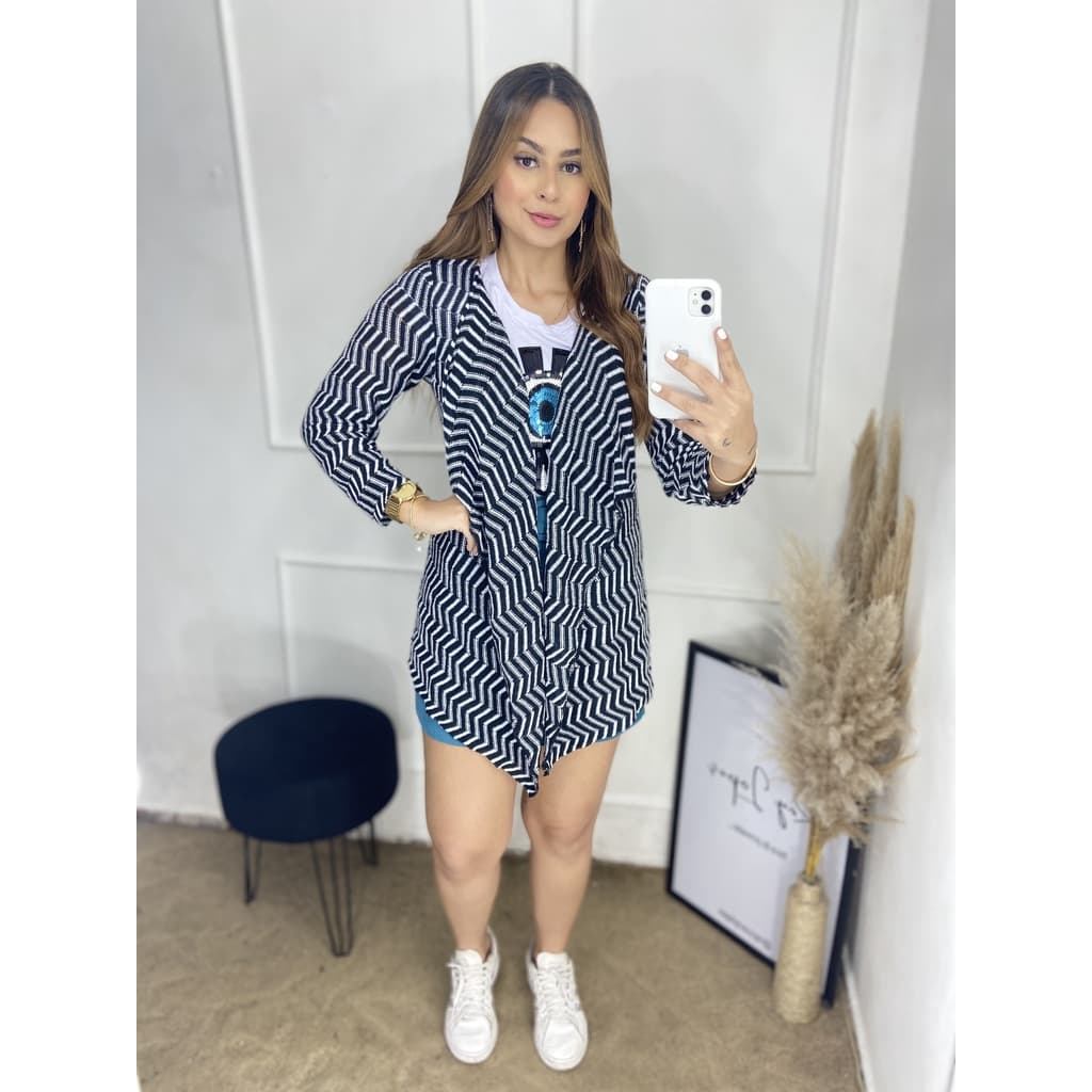 Cardigan Kimono Casaco Feminino Manga Longa Listrado Suzy