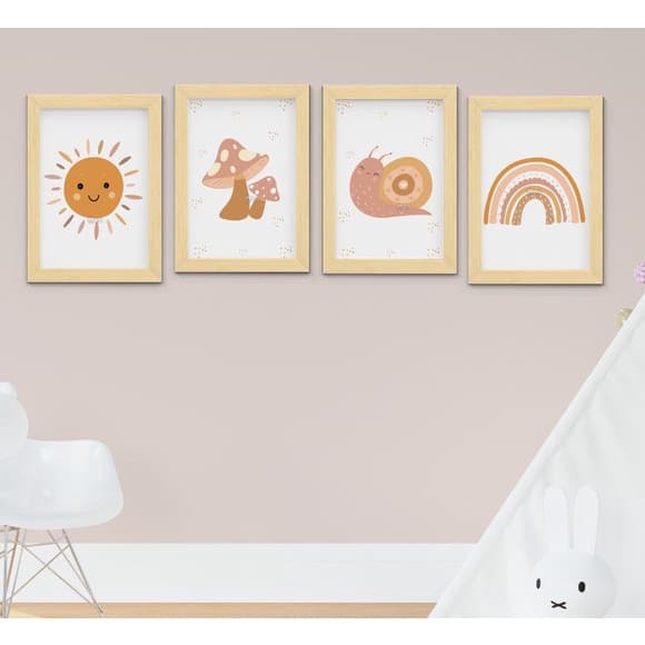 Quadro Infantil Bebê Menina Jardim Cogumelo Arco-Íris