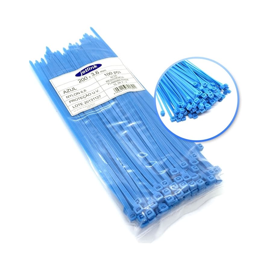 Kit Abraçadeiras de Fixação Nylon Cinta Plástica 500 Un 3,6 Mm X 200 Mm Azul