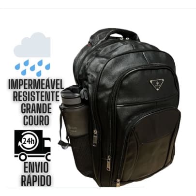 Bolsa Mochila de Couro Universitária Unissex Feminina Masculina Grande Reforçada Com Cabo de Aço Preta e Marrom