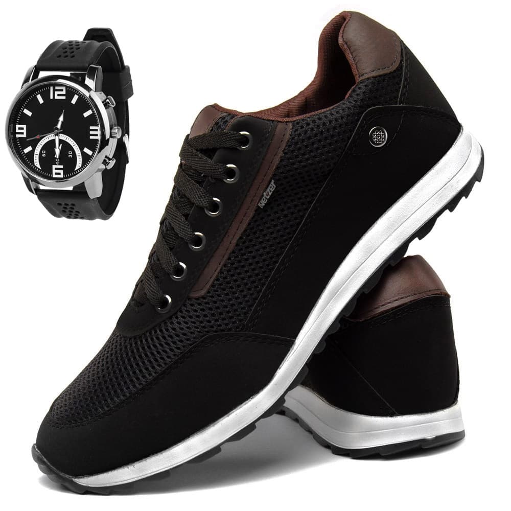 Tenis Sapatenis Masculino Preto com Relogio Macio Confortavel Para O Dia Dia Tenis Barato