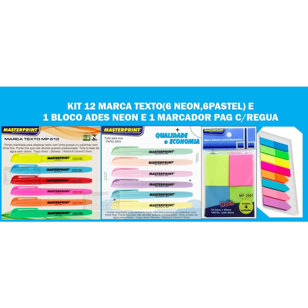 KIT 12 MARCA TEXTO, 1 BLOCO NEON, 1 MARCADOR DE PAGINA