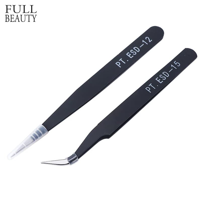 Pinça De Aço Inoxidável 2pcs Curva Reta Antiácida Extensão De Pestanas Preta Pincet De Sobrancelha