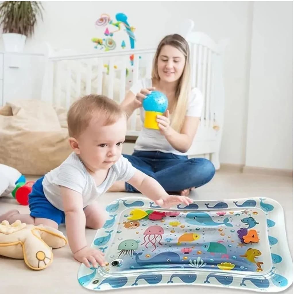 Tapete de Água Inflável Atividades para Bebê Didático Almofada Infantil Bebê Azul Peixes Fundo do Mar