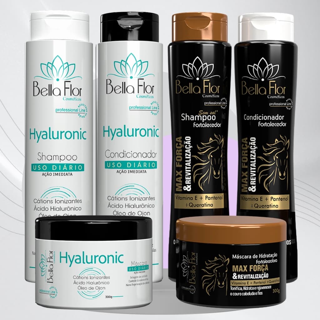 2 Kits Capilares Hyaluronic e Força 6 Produtos Shampoo Condicionador Máscara Bella Flor Anti-Frizz Brilho Profissional