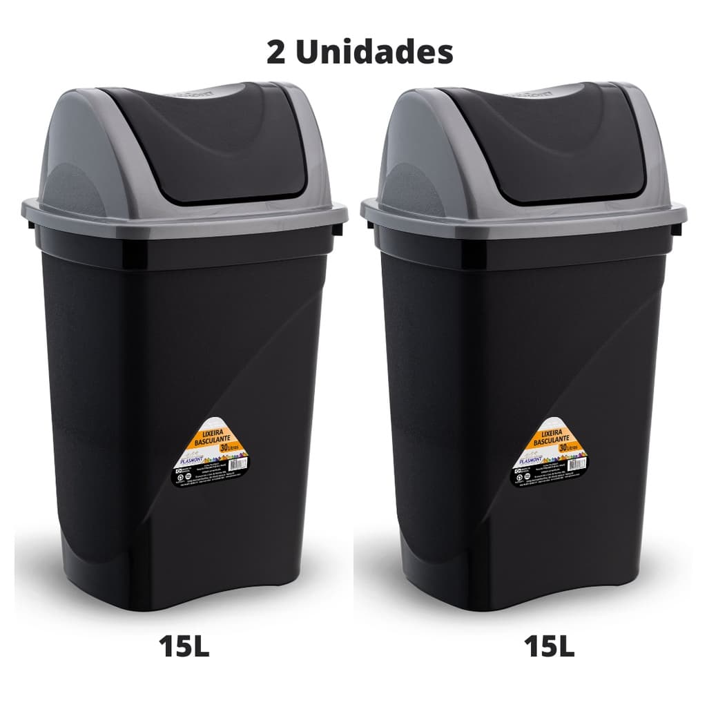 Kit 2 Lixeiras Plástica Basculante 15 Litros Black Steel Redonda Para Cozinha Banheiro Escritório