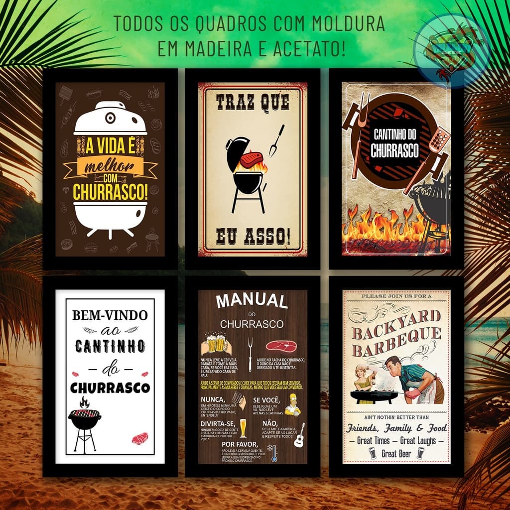 quadros decorativos placa tema Churrasco lote 01 Amigos Carne Festa Amigos Comida