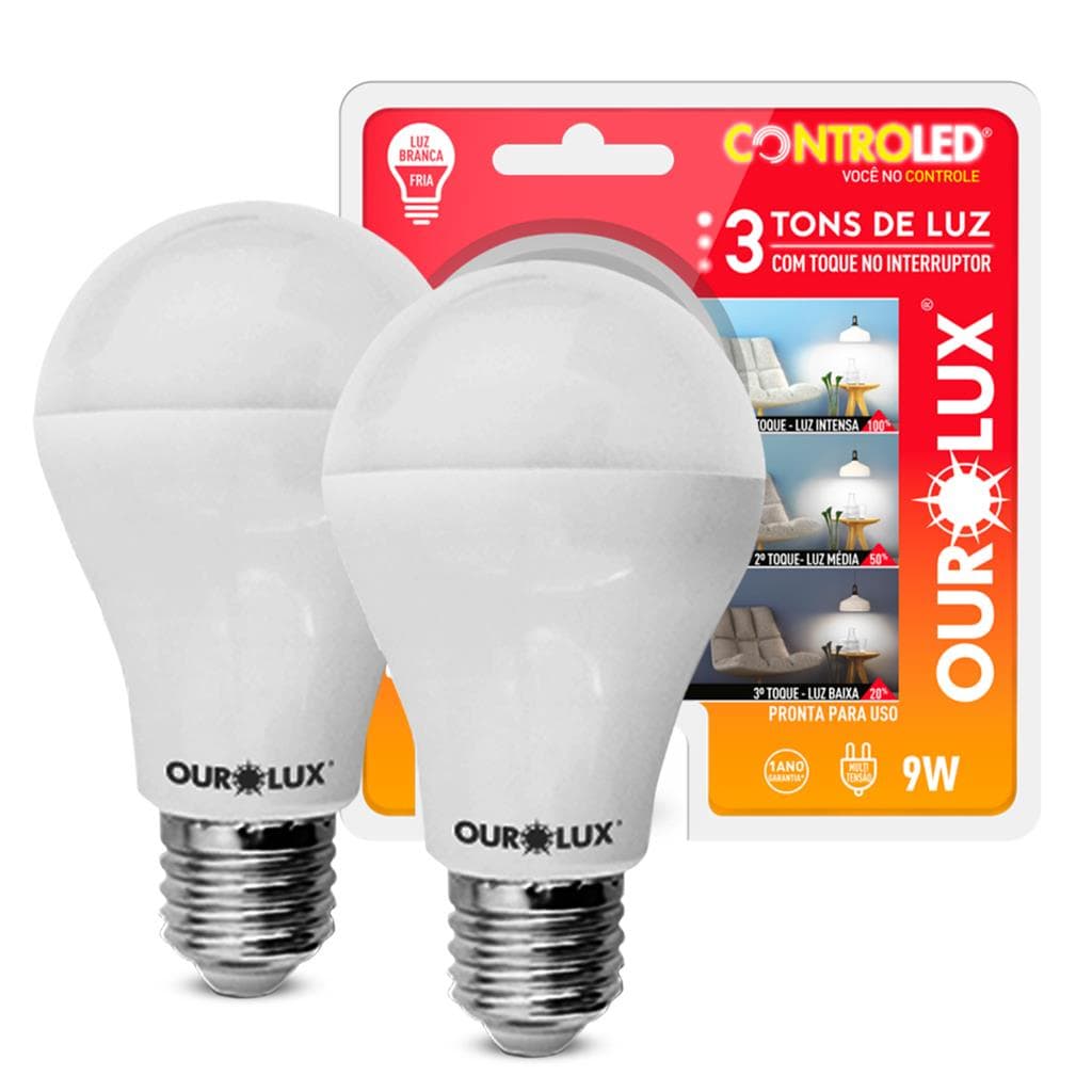 Kit 2 Lampadas Inteligente 3 Tons Dimmer 9W Bivolt E27 6500K