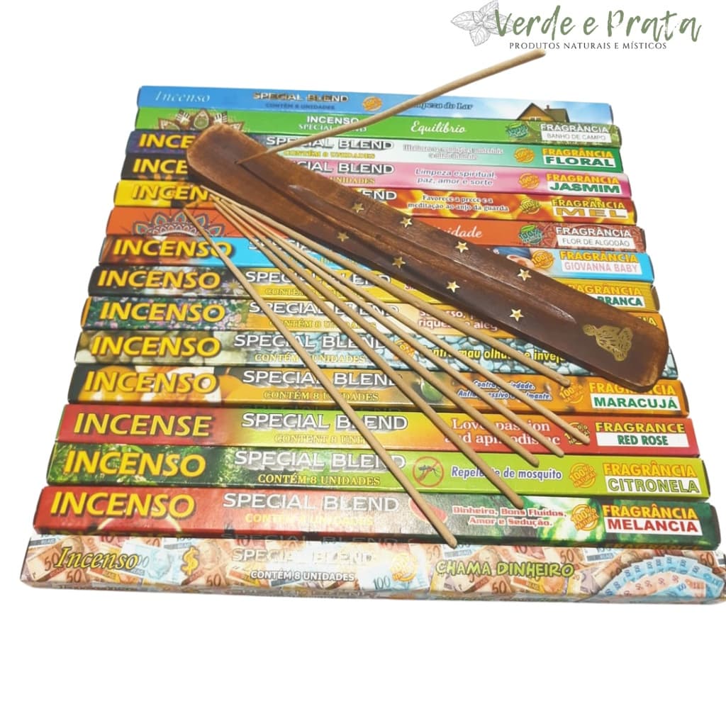Kit 120 Incensos Hindus + Incensário de Madeira
