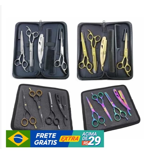Kit Barbeiro Profissional - 3 Tesouras + Navalha + 2 Pentes
