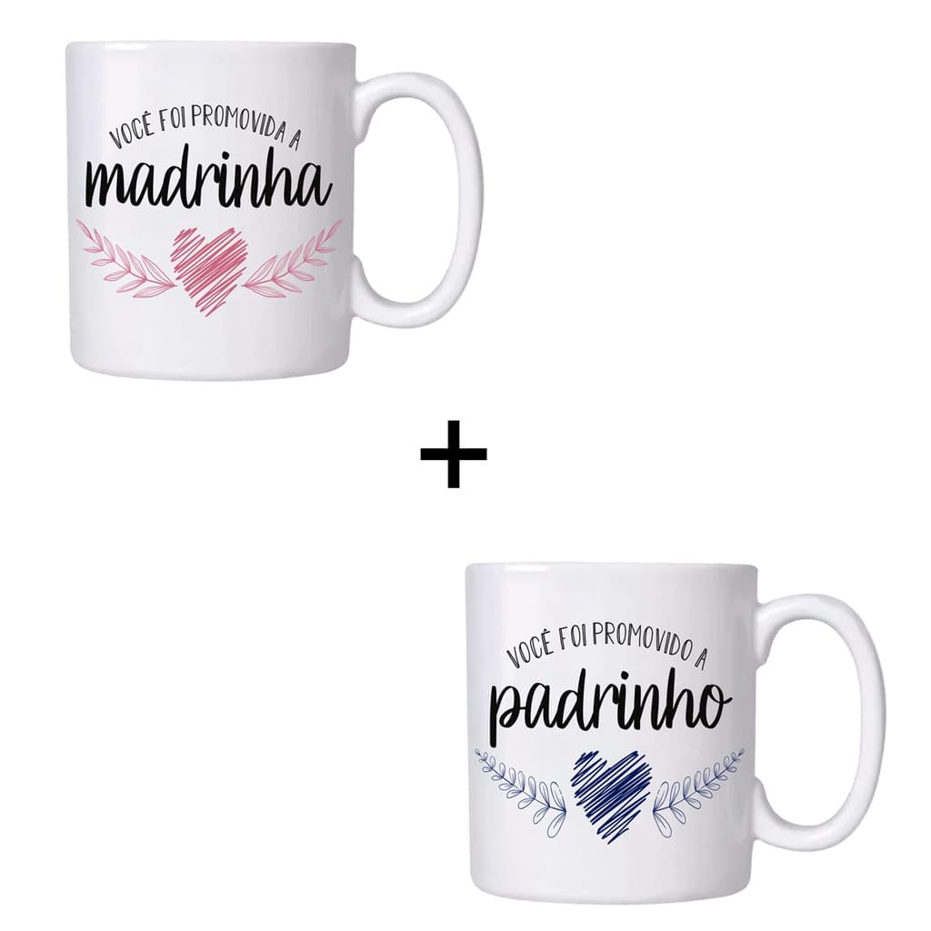 2 Canecas Porcelana 310ml Presente Madrinha Padrinho Batismo Crisma Batizado Dindo E Dinda