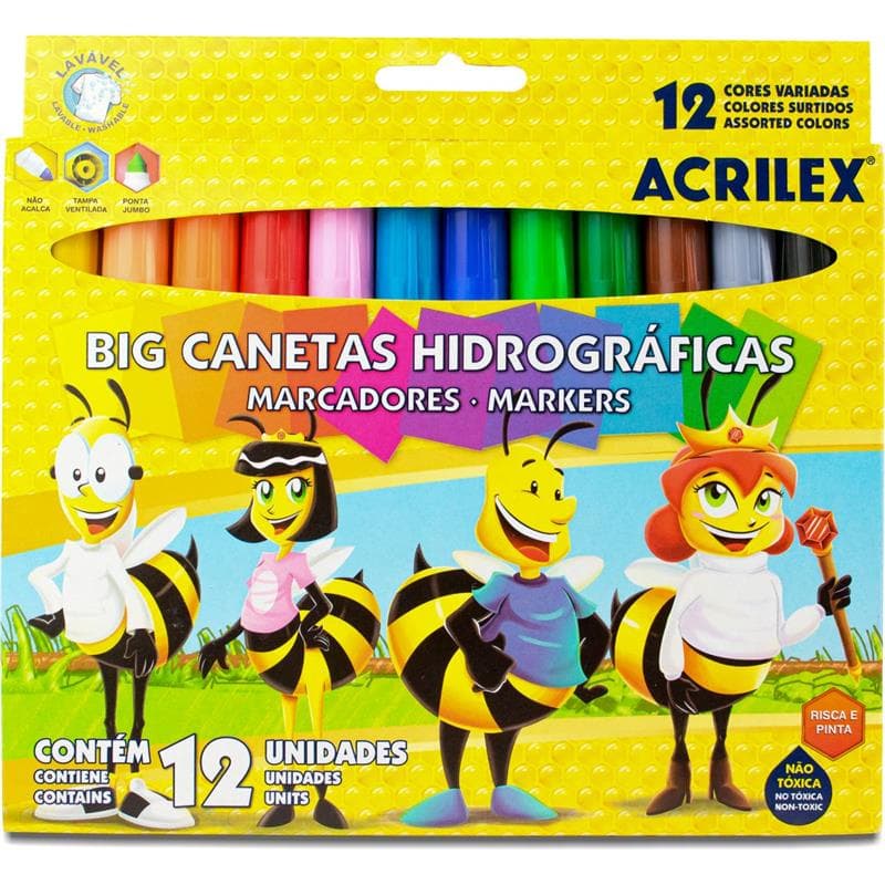 Big Canetas Hidrográficas 12 cores - Acrilex - Canetinha jumbo abelhinhas  crianças - Lavavel