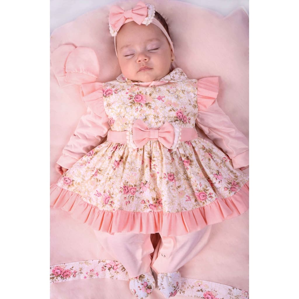 Saída Maternidade Menina Salmão Floral Pompom 05 peças Roupas de Bebê