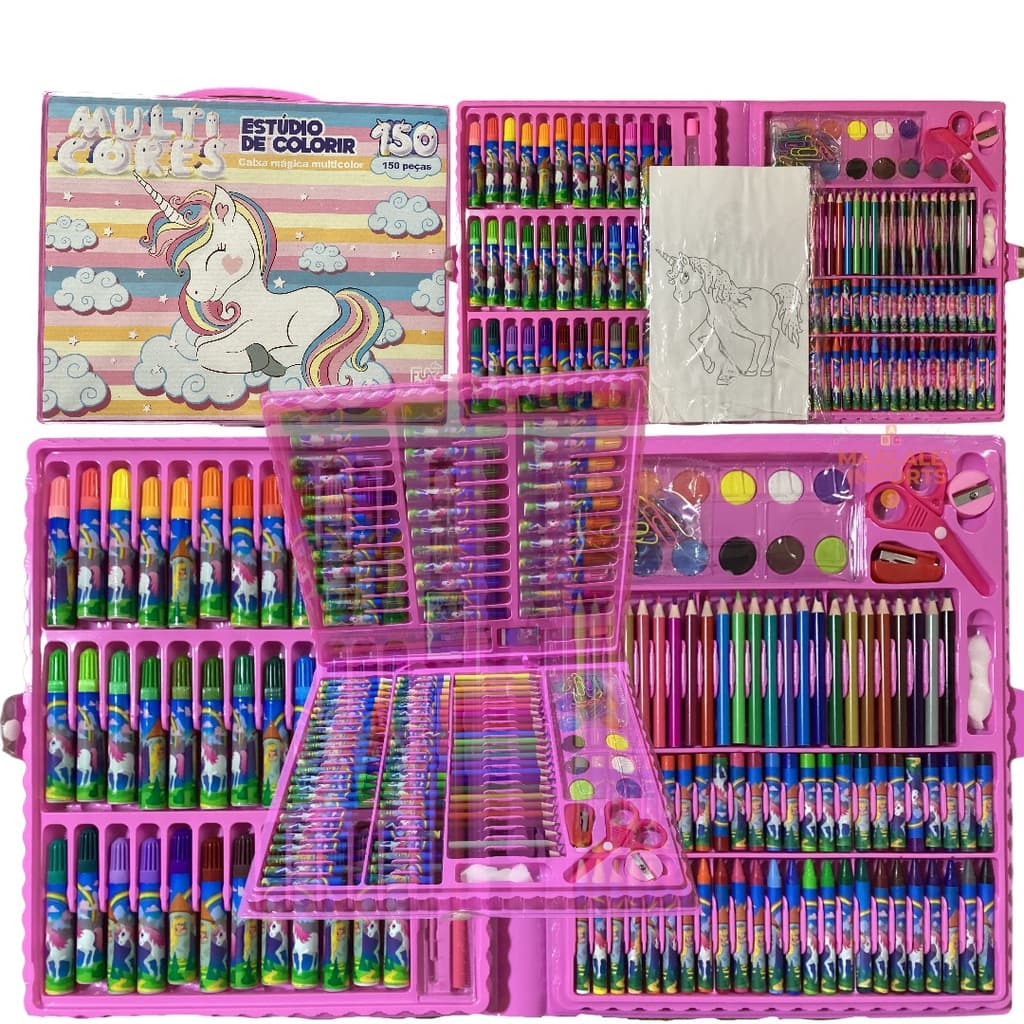 Estojo 150 Peças Escolar Maleta Para Desenho Pintura Infantil Completa de Az