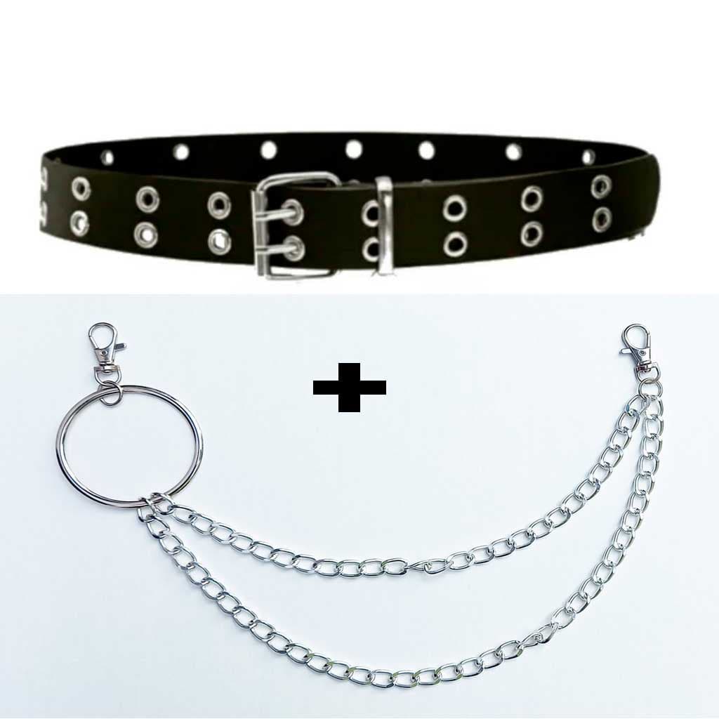 cinto feminino e masculino ilhos duplo de rock + corrente dupla