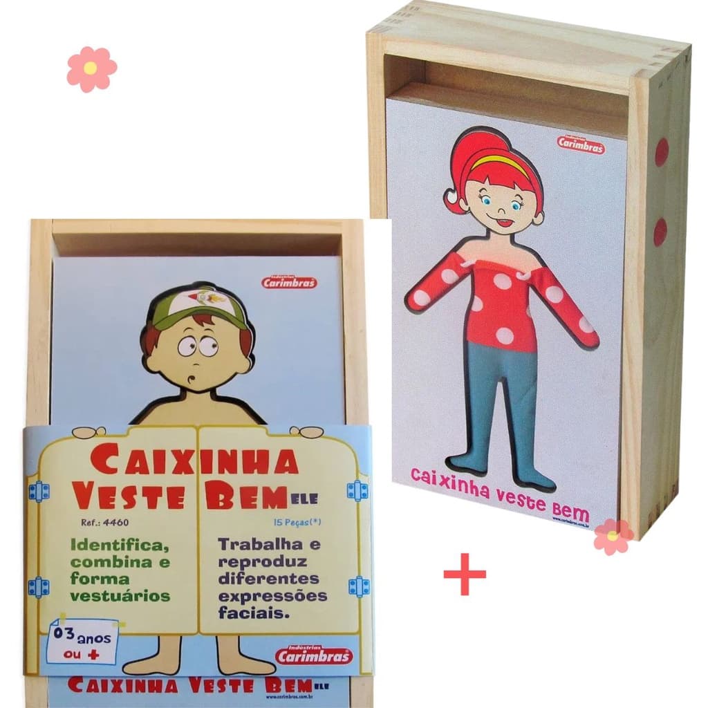 Kit Caixinha Veste Bem Ele e Ela Brinquedo Educativo de Madeira