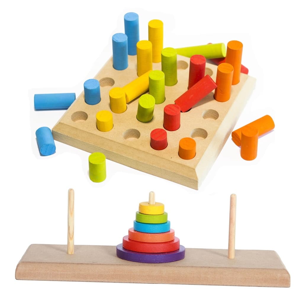 Kit PINOS DE ENCAIXE + TORRE DE HANÓI Woodtoy Brinquedo Educativo Montessori Infantil