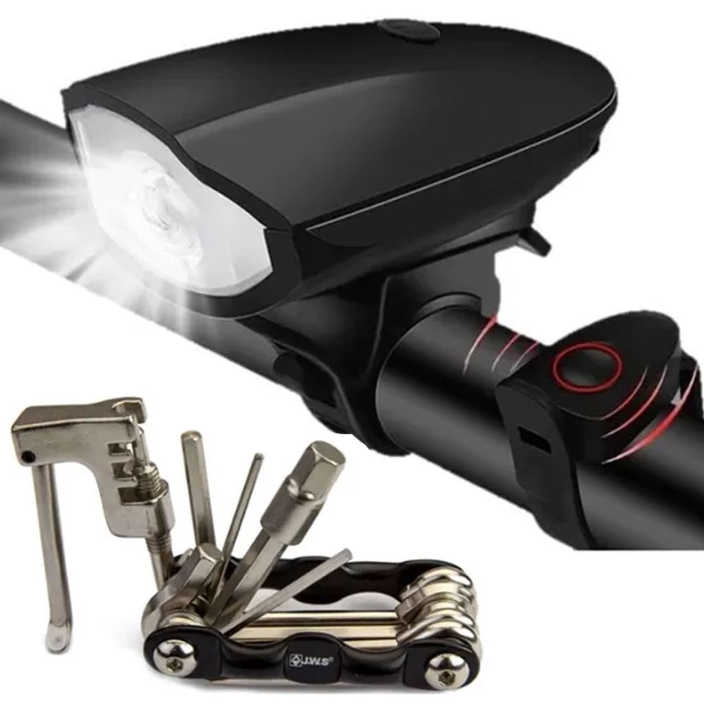 Lanterna Farol Bike Prova D'água Usb Led Buzina + Jogo De Chaves Extrator Com Chave Multiuso Saca Colocar Pino Corrente De Bike Bicicleta