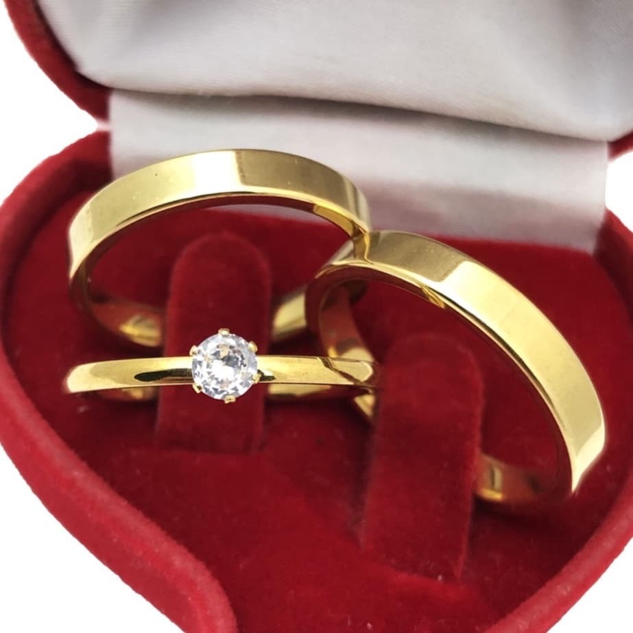 Par de alianças de casamento banhada 4mm fina quadrada simples aço inoxidável + anel aparador