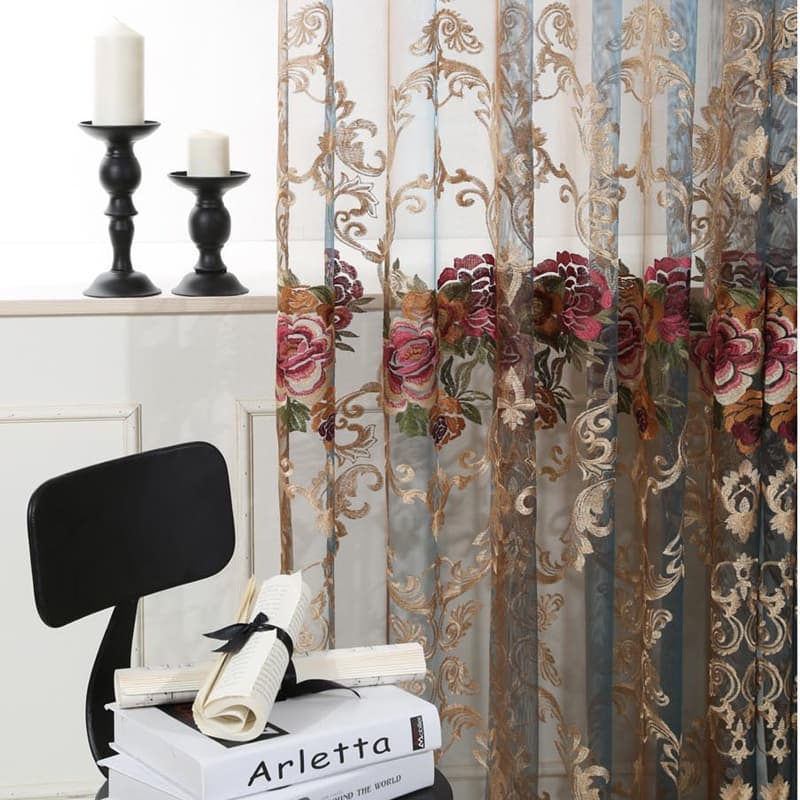 1 peça【 Ready Stock 】 Cortina De Ouro Bordado Transparente Gradiente Translúcido Tratamento De Janelas Voile Translúcidas Para Quarto De Estar Cortinas Decorativas Com Flores Românticas