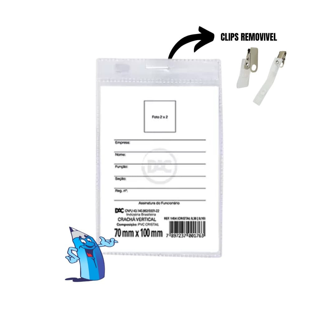 CRACHA VERTICAL COM CLIPS REMOVIVEL 7cm x 10cm DAC