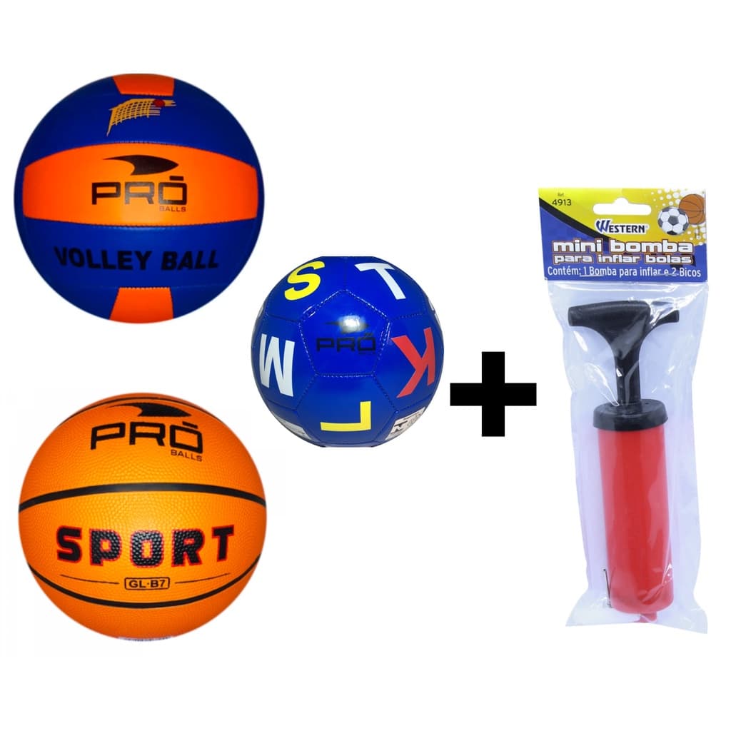 Kit MultiEsportes: 1 Bola de Basquete Tam.7 + 1 Bola de Vôlei + 1 Mini Bola de Futebol + Bomba de Ar