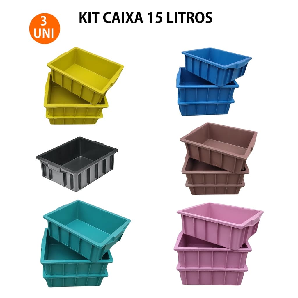 Kit 3 Caixas Plastica 15 Litros Preta Sem Tampa Resistente Ideal Para Compoteira Doméstica