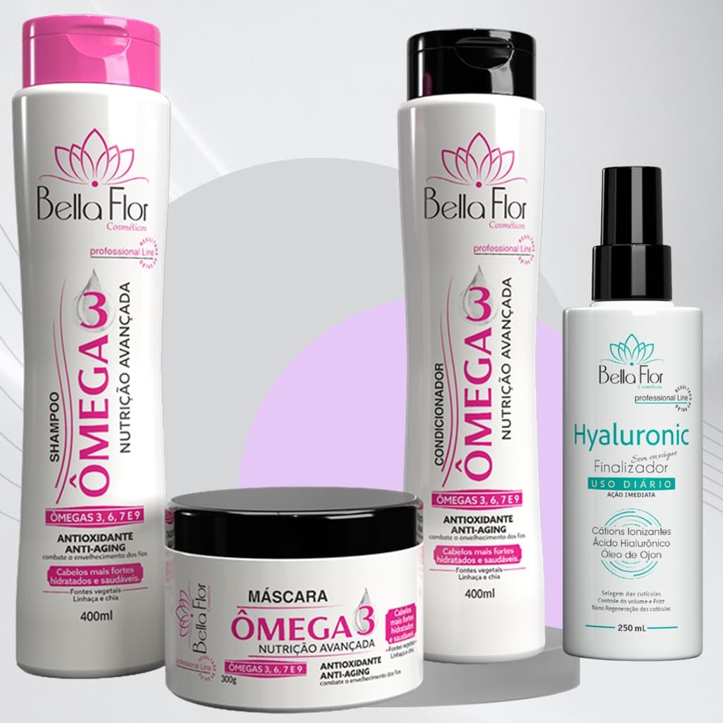 Kit Capilar Ômega 3 4 Produtos Shampoo Condicionador Máscara + Finalizador Hyaluronic Bella Flor Anti-Frizz Brilho