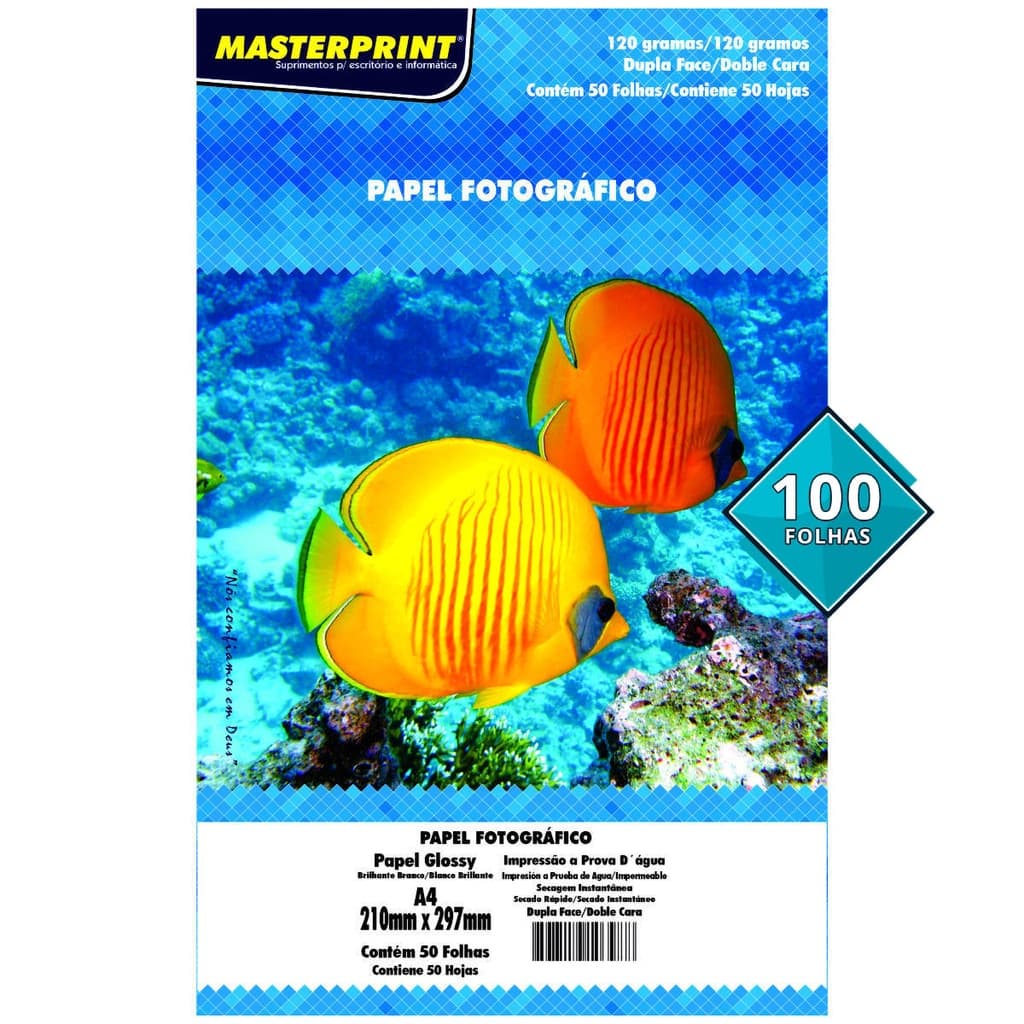 Papel Fotográfico Dupla Face 120g A4 Glossy Branco Brilhante Masterprint com 100 Folhas