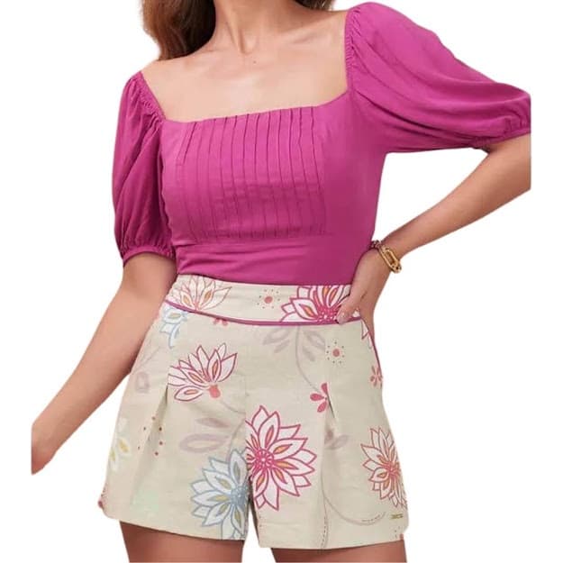 Conjunto Blusa com Nervuras e Short Estampado, Tamanho 40 Moda Colmeia Roupa Feminina