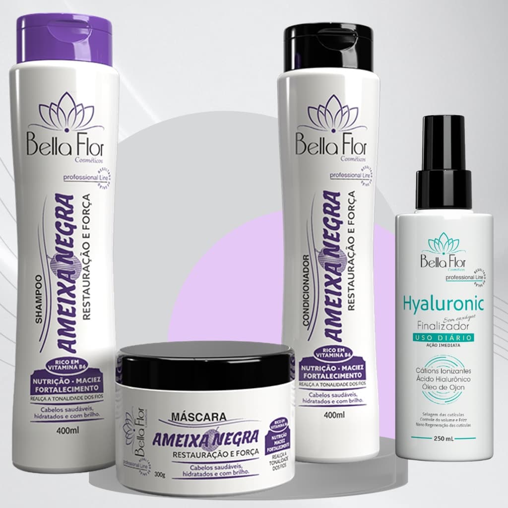 Kit Capilar Ameixa Negra 4 Produtos Shampoo Condicionador Máscara + Finalizador Hyaluronic Bella Flor Anti-Frizz Brilho
