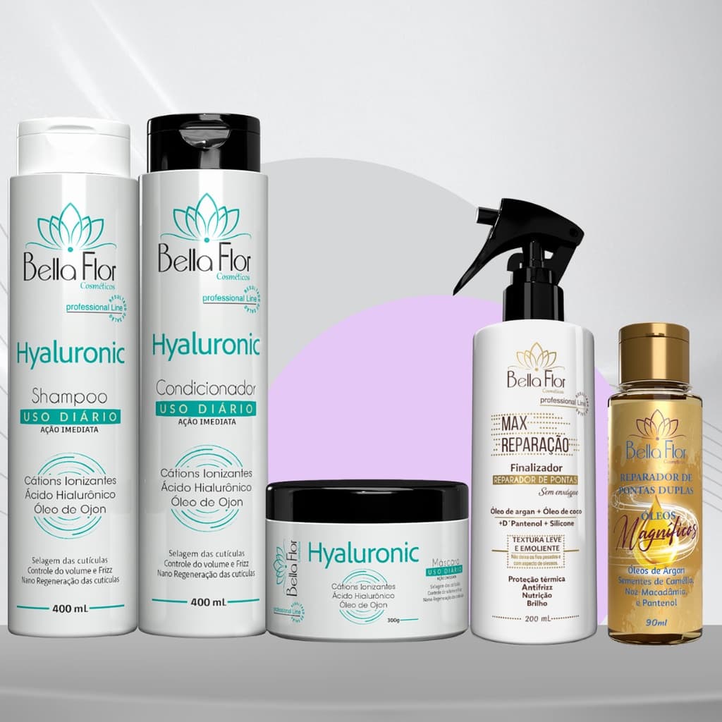 Kit Hyaluronic + Max Reparação + Reparador de Pontas Duplas Bella Flor Hidratação Reparação Profissional