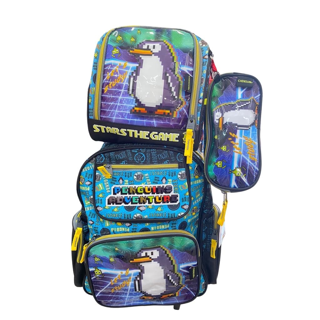 Kit Mochila Escolar de rodinhas Grande + lancheira térmica + estojo Infantil PINGUIM - CHENSON
