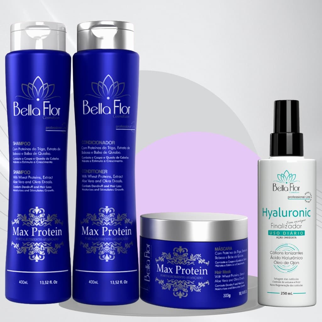 Kit Capilar Max Protein 4 Produtos Shampoo Condicionador Máscara + Finalizador Hyaluronic Bella Flor