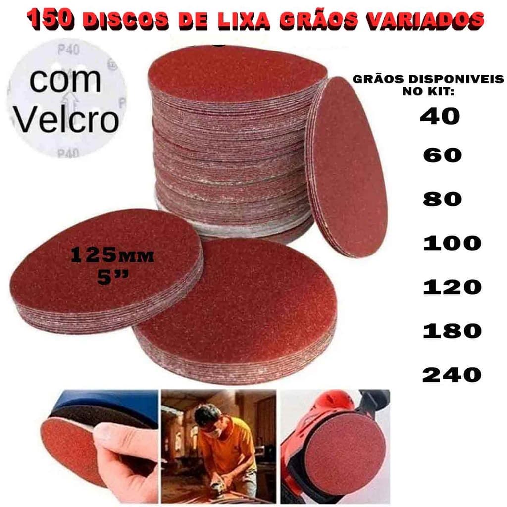 150 Discos De Lixa 125mm 5 Polegadas Sem Furo Tipo Velcro Grãos Variados