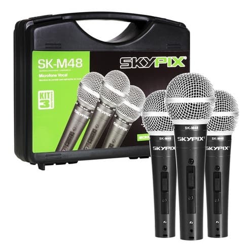 Kit 3 Microfones Profissional Para Vocal Igreja Karaokê Com Maleta Skypix SKM48