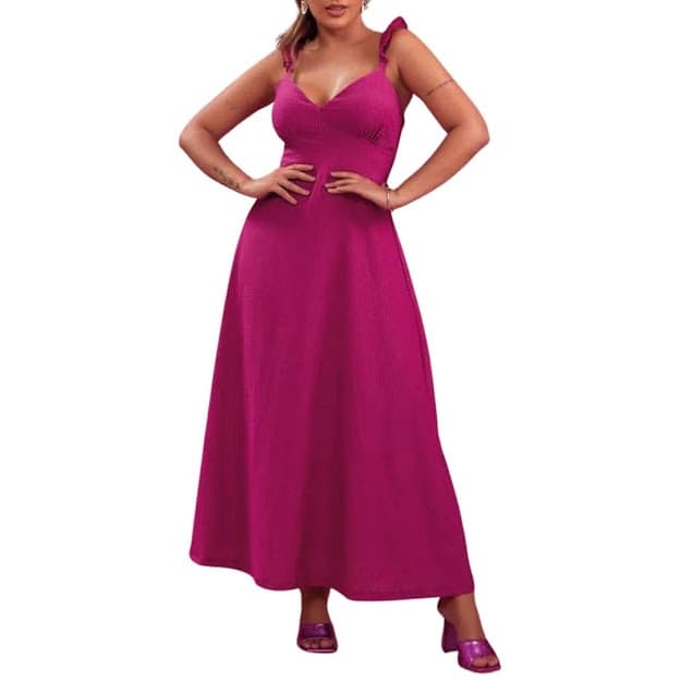 Vestido Longo com Babados nas Alças, Cor Rosa, Tamanho M Moda Colmeia Roupa Feminina
