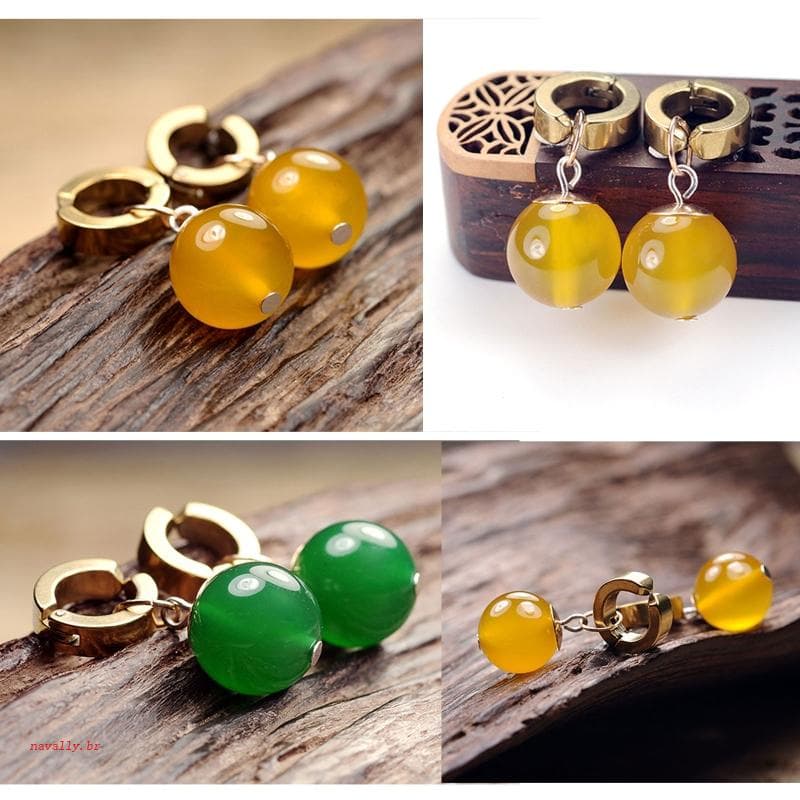 nava Dragon Brincos Pérolas Redondas Ágata Verde Cravo Amarelo Unissex Para Homens