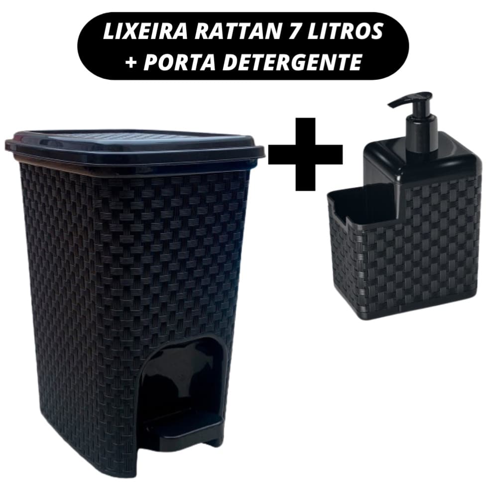 Kit Lixeira Cesto Rattan 7 litros Com Pedal + Porta Sabão Sabonete Líquido Detergente Rattan Preto Banheiro Cozinha