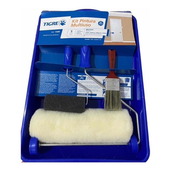 Kit Pintura 5 peças Multiuso Econômico Tigre Rolo De Pintura Para Parede 23cm + Suporte + Bandeija + Trincha + Rolinho