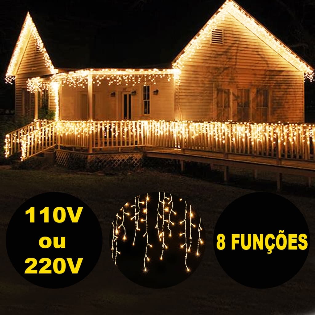 Pisca Pisca Cordão De 100 LEDs Branco Quente Tipo Cascata 2,3 Metros Decoração Para Natal Luz Forte Natal