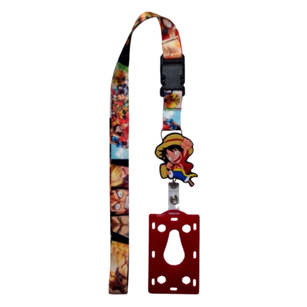 Kit Cordão One Piece com Fecho Engate Rápido + Porta Crachá Retrátil Luffy Pulando + Porta Cartão Vermelho