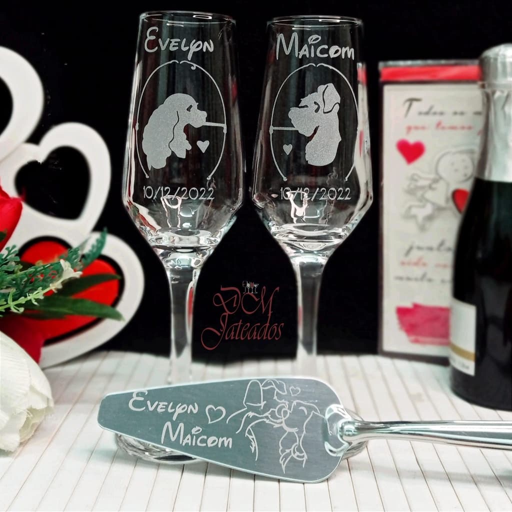 Par De Taças Vidro Personalizadas + Espátula para Bolo / Noivos casamento