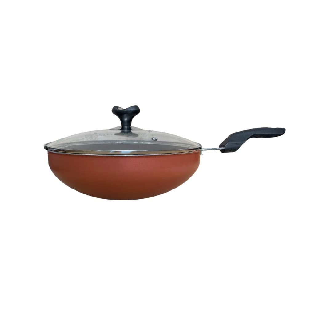 Panela Wok com Tampa de Vidro Cereja com Dourado 30 cm Alumi-Aço Linha Premium J4TECH Alumínio Antiaderente Teflon Ultra Resistente