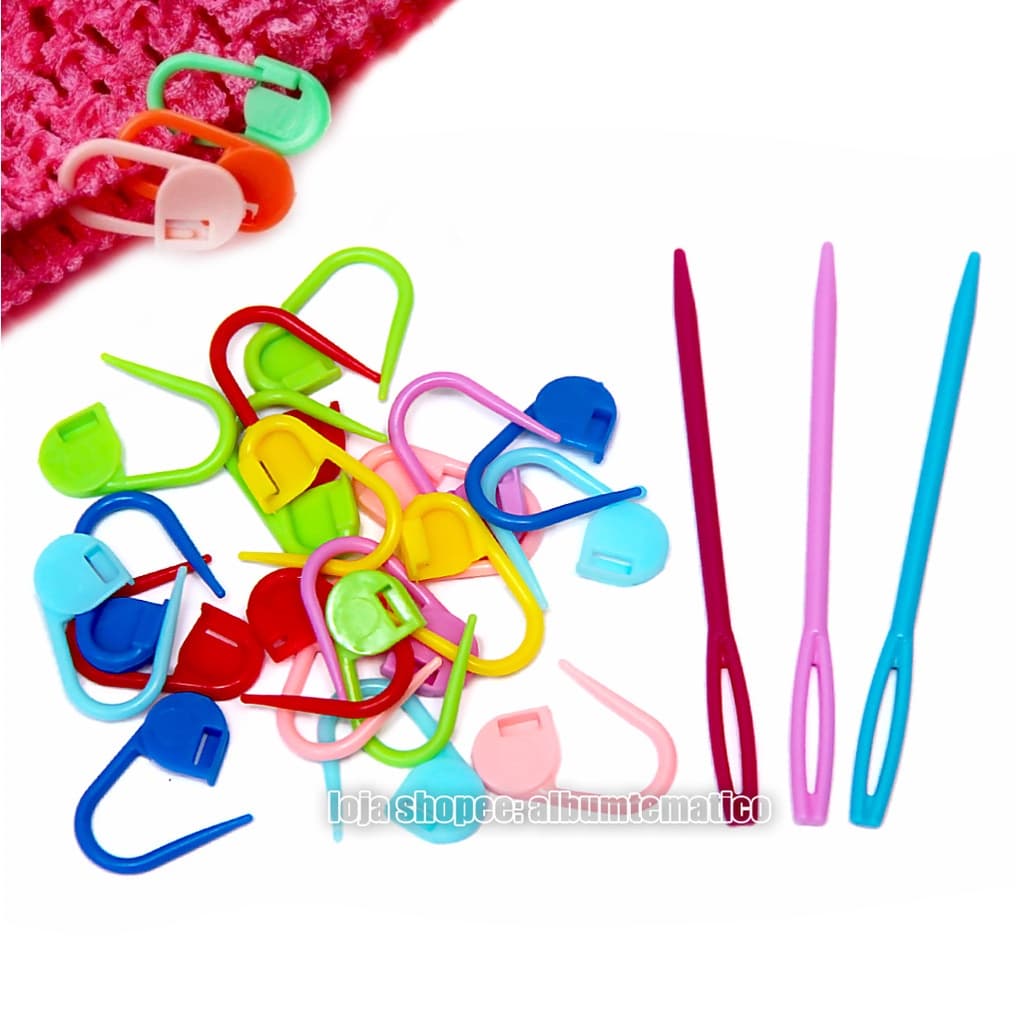 kit 3 Agulhas Plástico Com 20 Marcador Ponto Cadeado Colorido Crochê ou Tricô