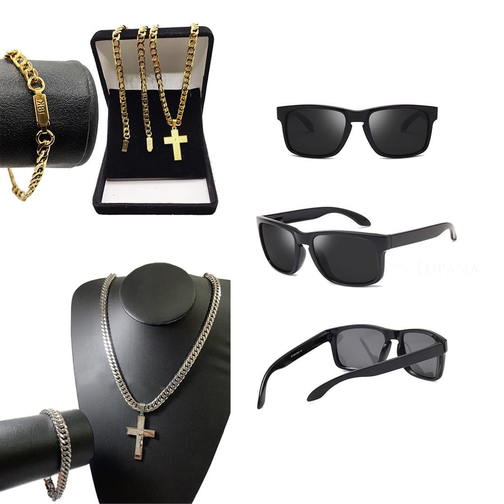kit masculino Conjunto corrente cruz + pulseira banhado a ouro 18k e oculos just .2023n Só Hoje