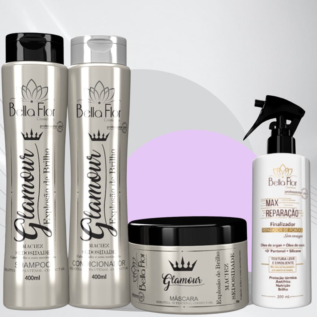 Kit Capilar Glamour e Max Reparação 4 Produtos Shampoo Condicionador Máscara Reparador de Pontas Bella Flor Profissional