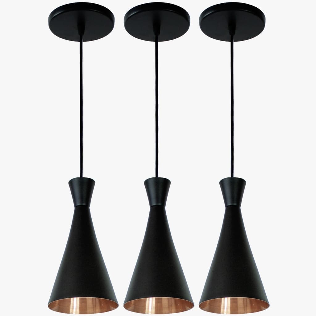 Trio Pendente Cone Preto Com Cobre Bancada Canada Gourmet Decoração
