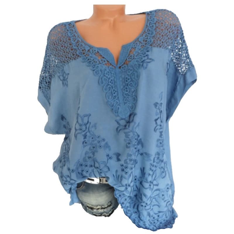 Blusa Feminina Verão 2022 De Renda Com Decote Em V Algodão Manga Curta